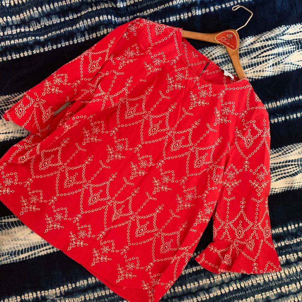 Warehouse UK Red & White Lace Eyelet Peplum Blouse